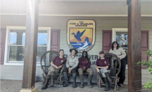 From left to right: Paulina Jones (ACE), Emily Khazan (USFWS), Ty’Celia Young (ACE), Grace York (ACE), and Kimberly Sykes (USFWS) at Clarks River National Wildlife Refuge. This photo was taken after a long day in the field setting up pollinator sampling sites and surveying for butterflies across the refuge.